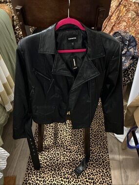 Express Black Faux Leather Moto Jacket with Belt
